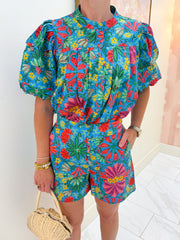 Tropical Floral Pleated Button Front Blouse