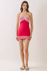 Stripe Trim Halter Mini Dress