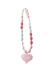Roxie Pink & Blue Mix Beaded Necklace with Heart Charm