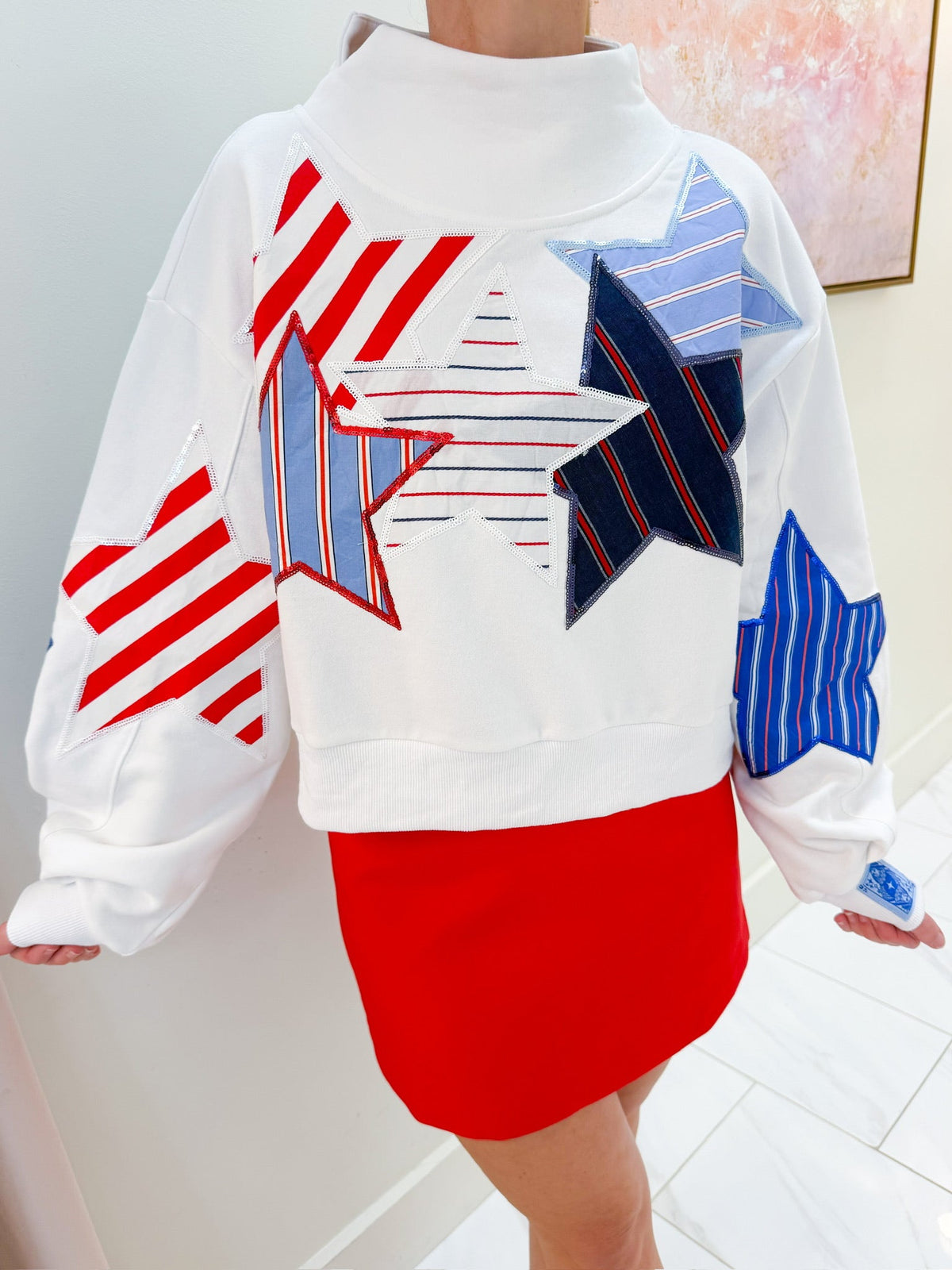 USA Stripe Patch Stars Mock Neck Sweatshirt