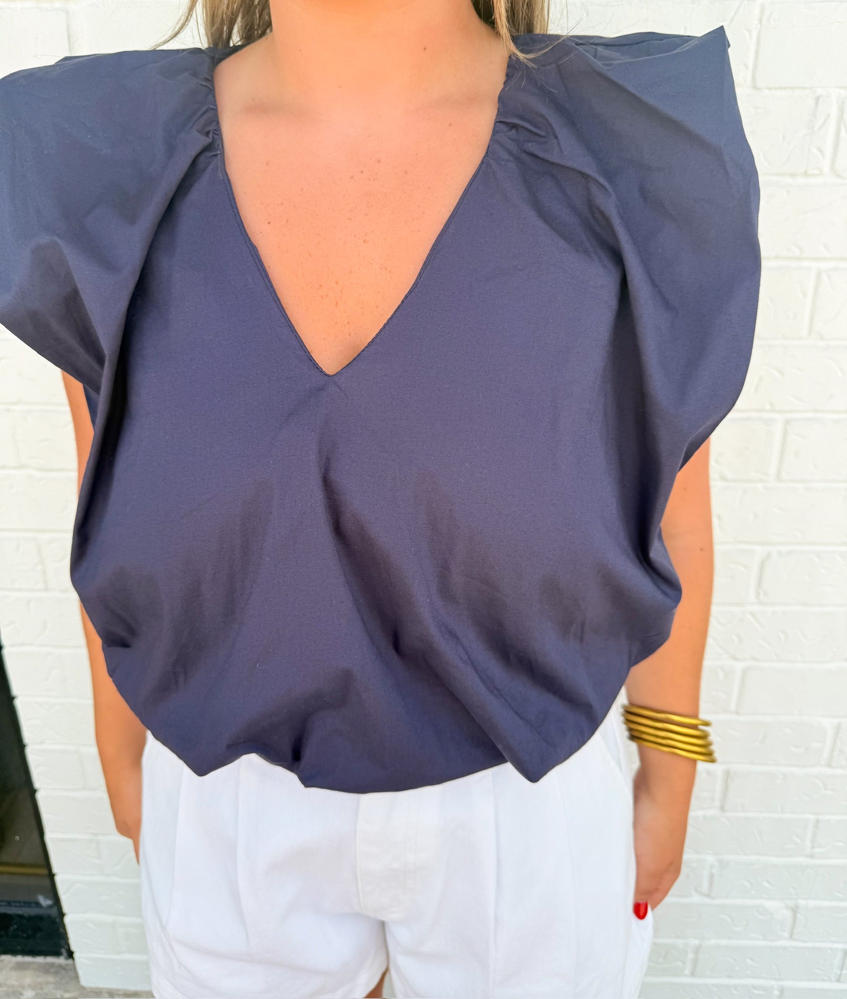 Bibi Poplin V-neck Bubble Top