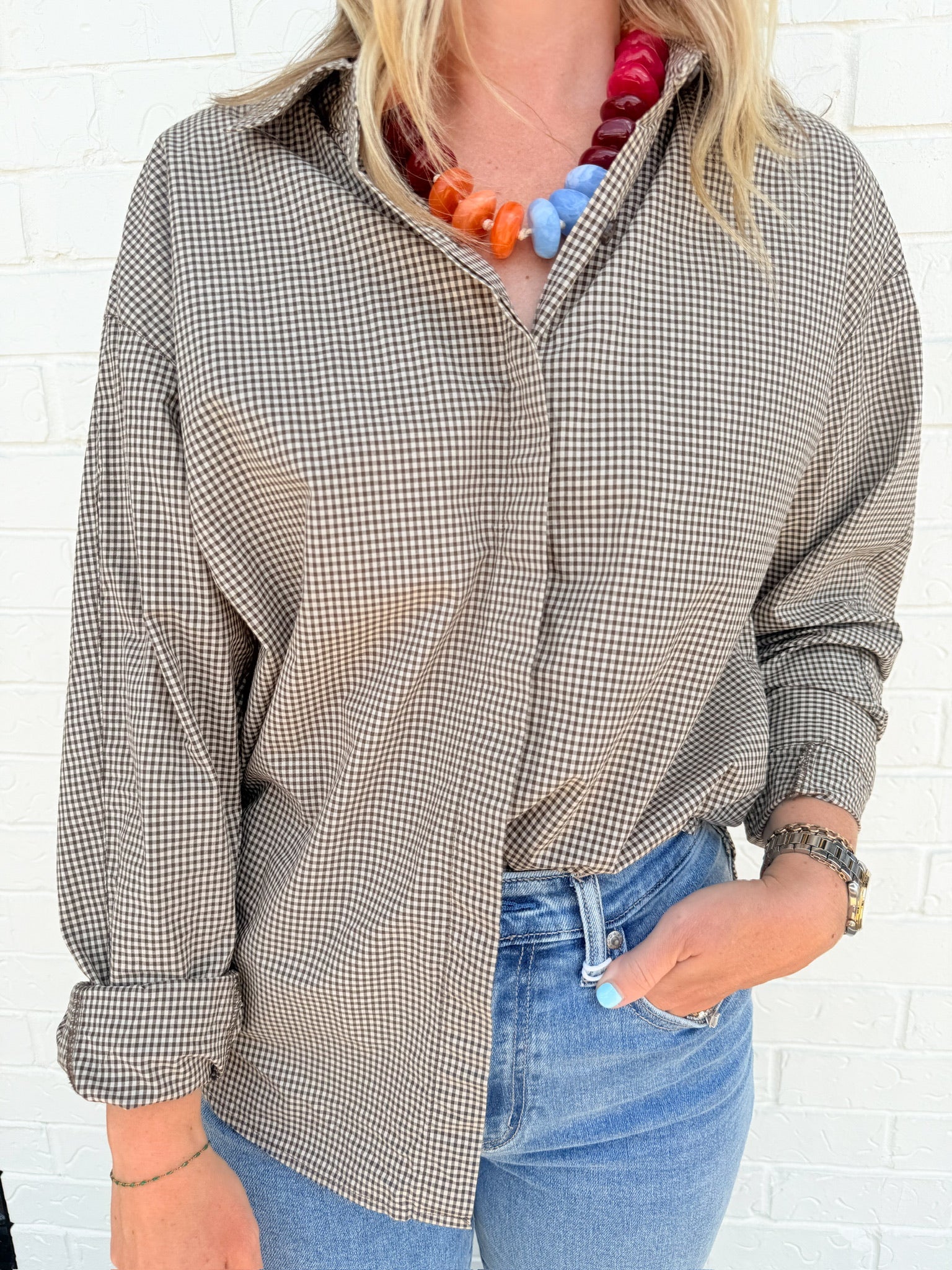 ZS On Duty Gingham Button Up Top