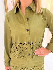 Lucia Eyelet Faux Suede Cropped Shirt
