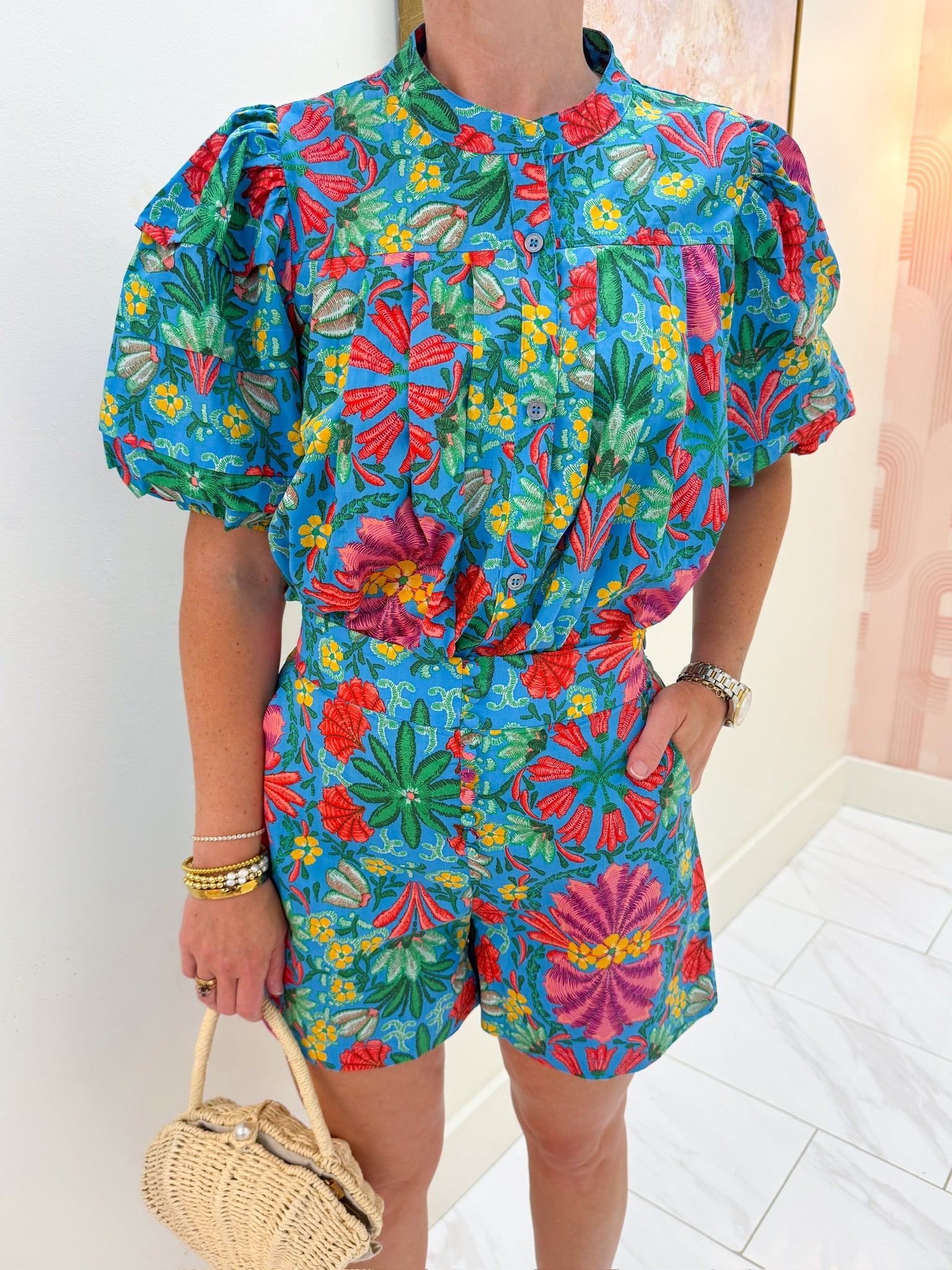Tropical Floral Pleated Button Front Blouse