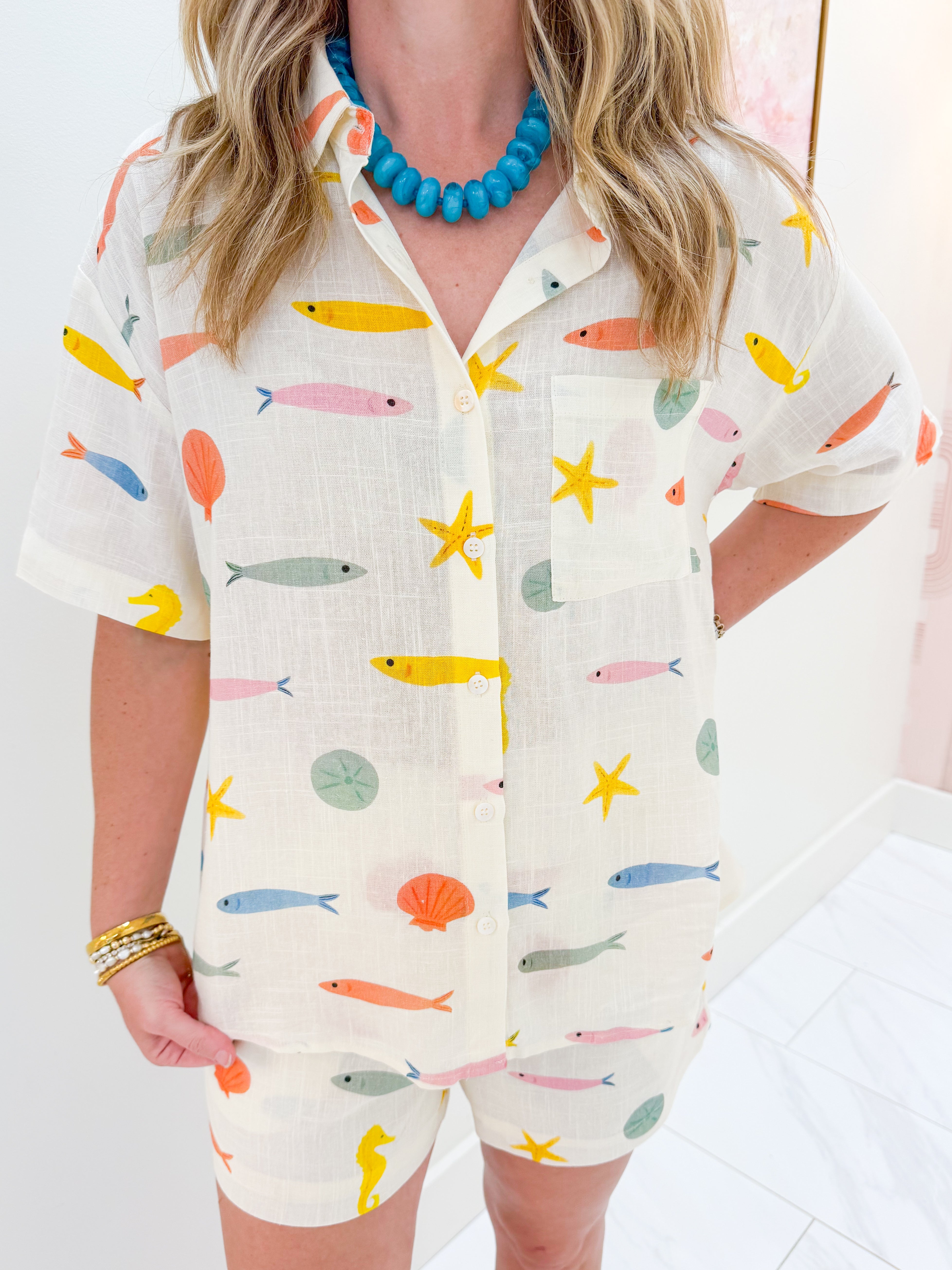 Multi Fish Shirt Button Up Top