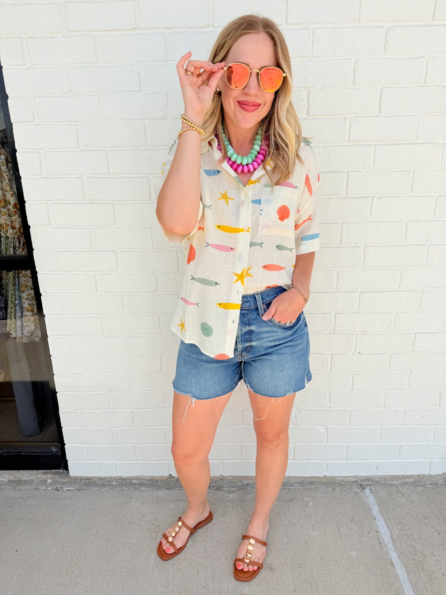 Multi Fish Shirt Button Up Top