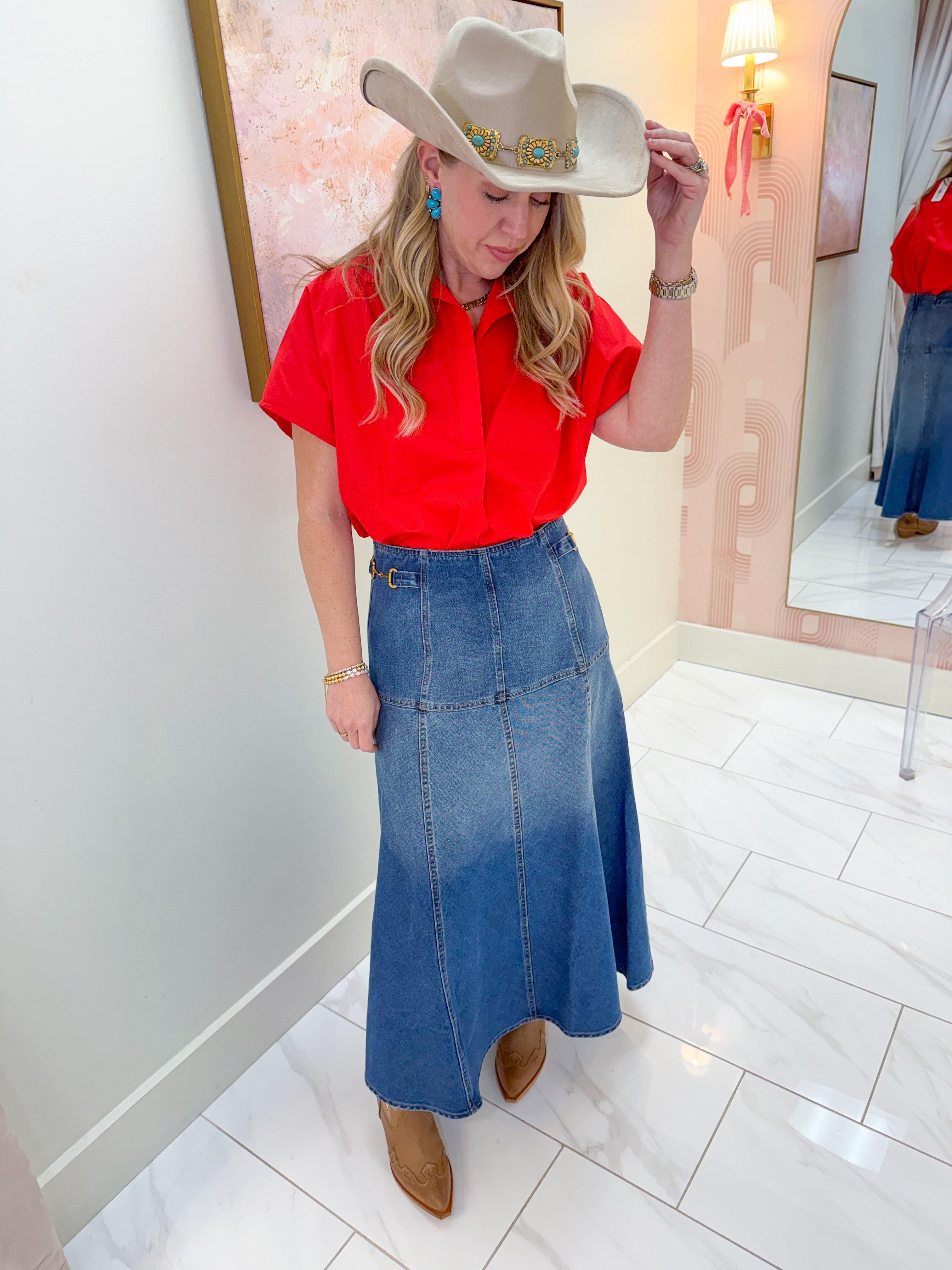 Equestrian Chic Denim Midi Skirt