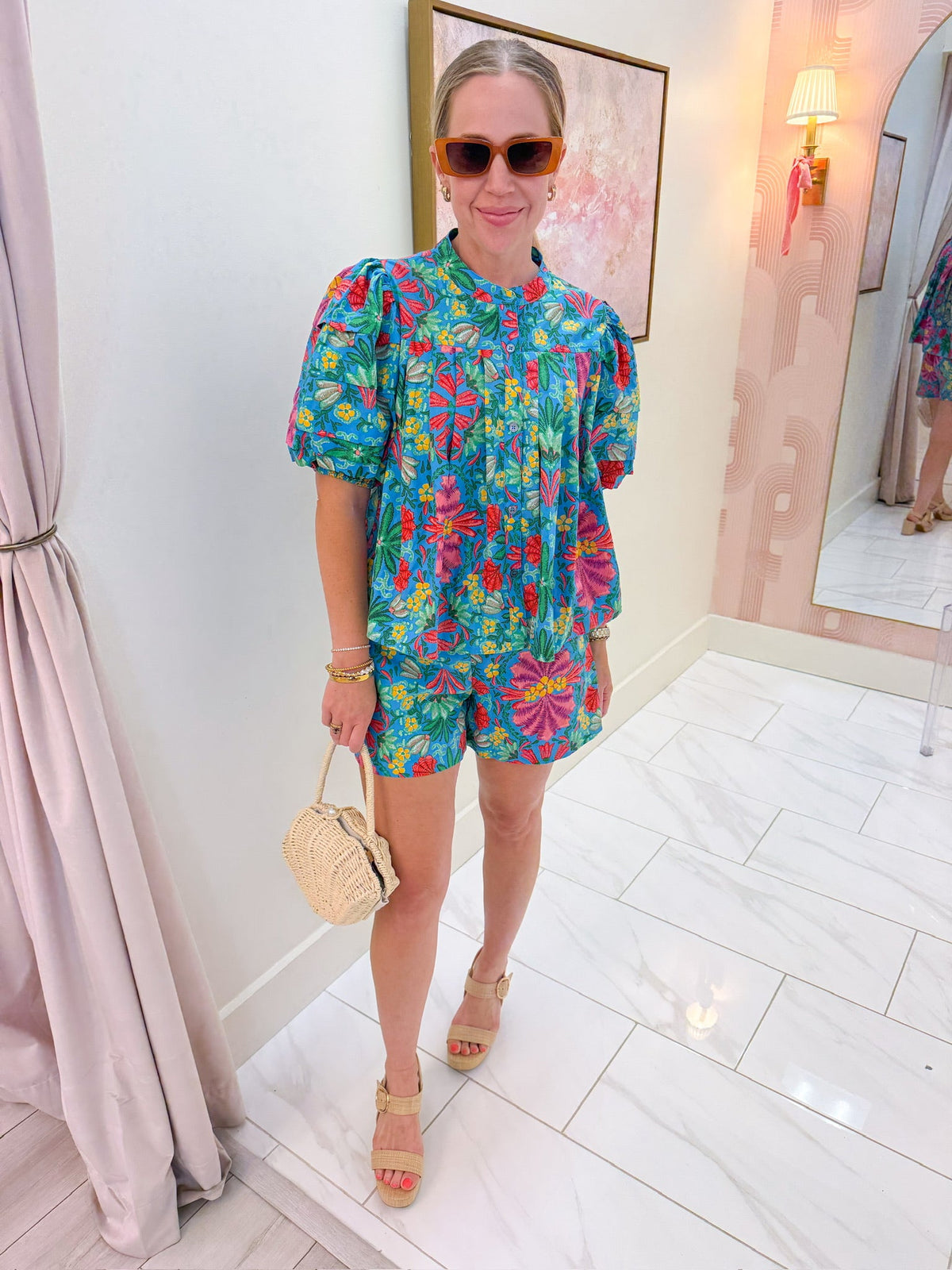 Tropical Floral Pleated Button Front Blouse