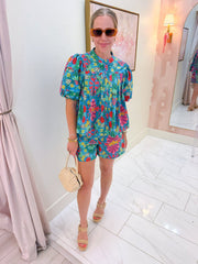 Tropical Floral Pleated Button Front Blouse