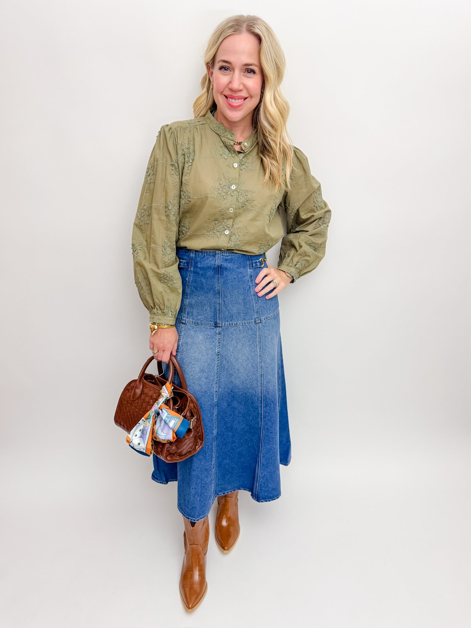 Equestrian Chic Denim Midi Skirt