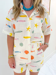 Multi Fish Shirt Button Up Top