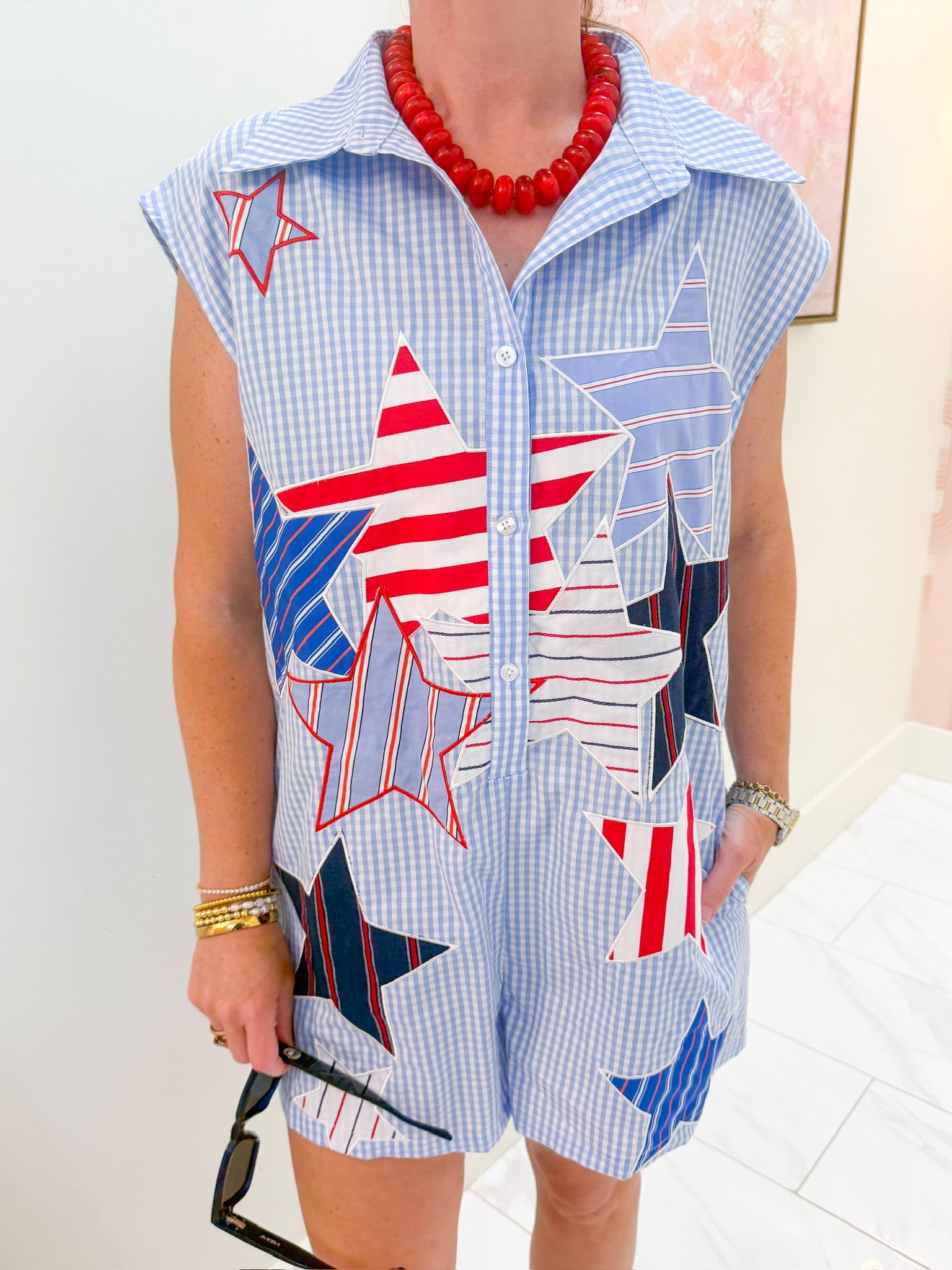 Gingham USA Stripe Patch Stars Romper
