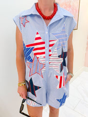 Gingham USA Stripe Patch Stars Romper