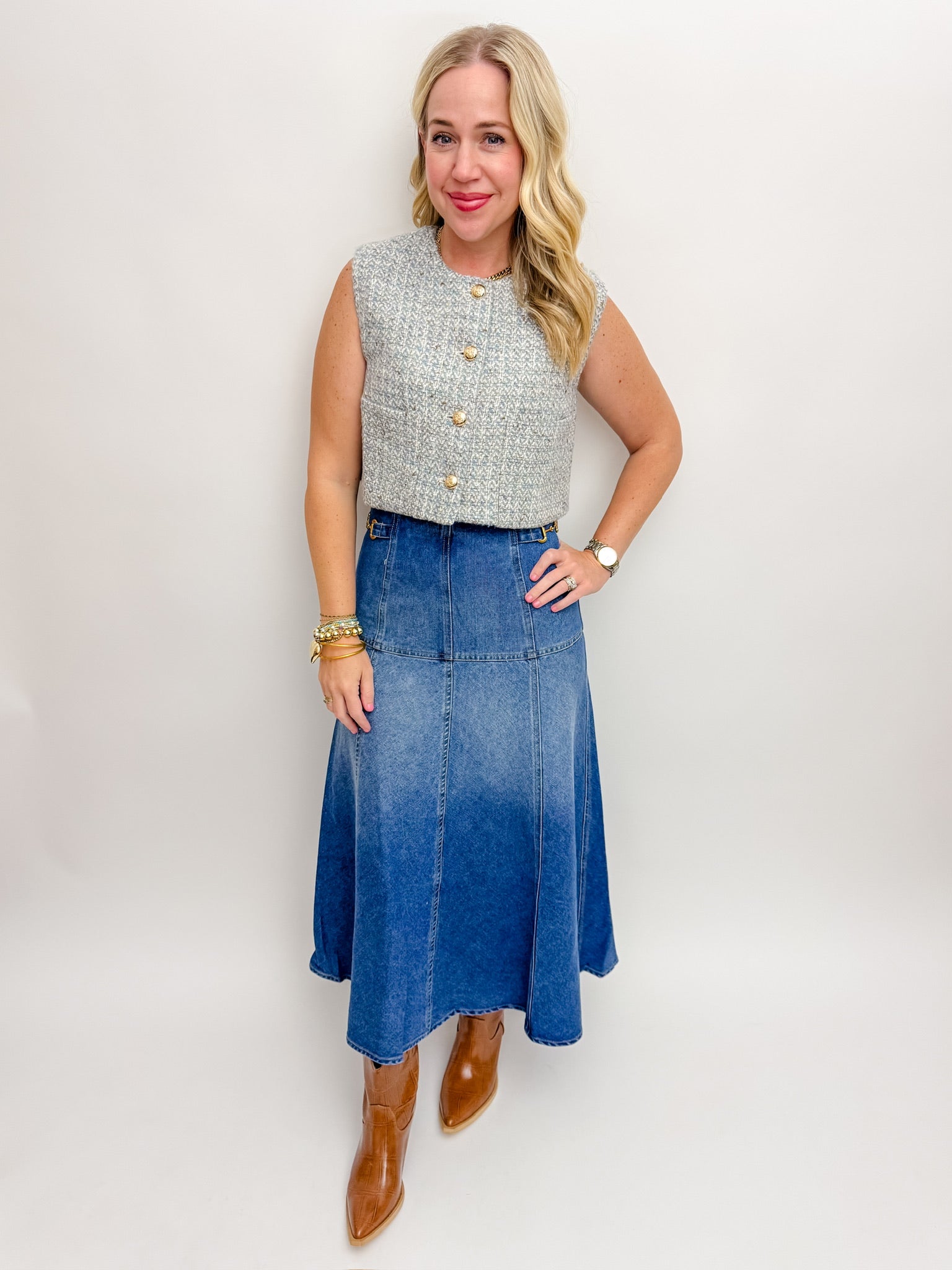Equestrian Chic Denim Midi Skirt