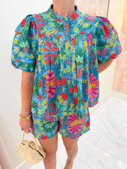 Tropical Floral Pleated Button Front Blouse
