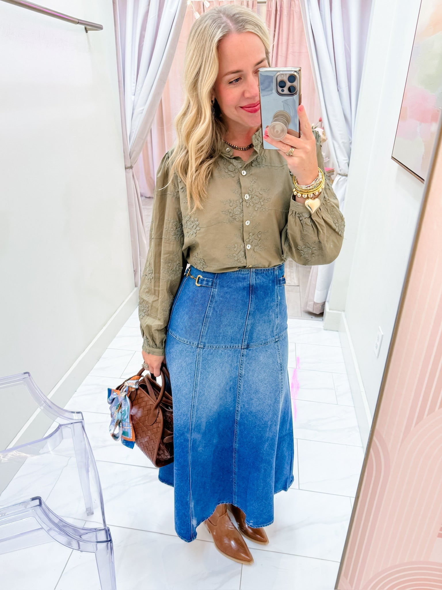 Equestrian Chic Denim Midi Skirt