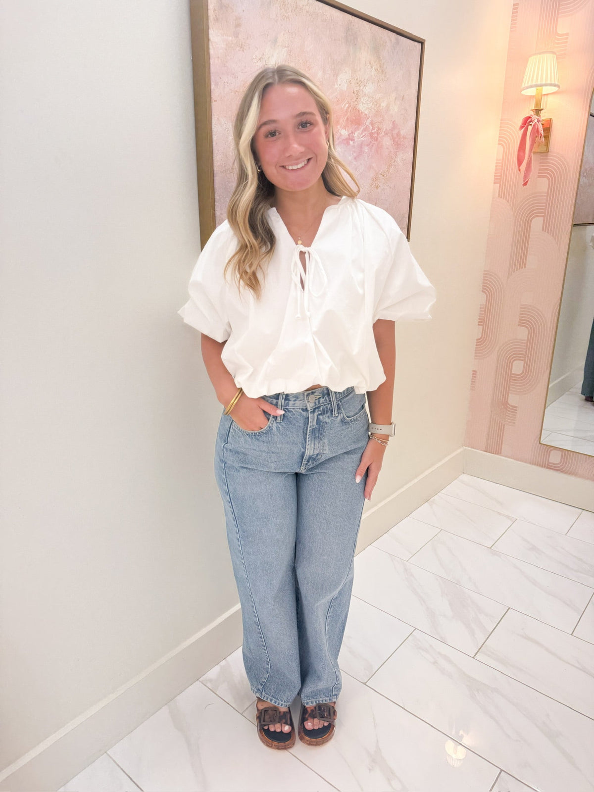 Solid Poplin Bubble Tie 3/4 Slv Top